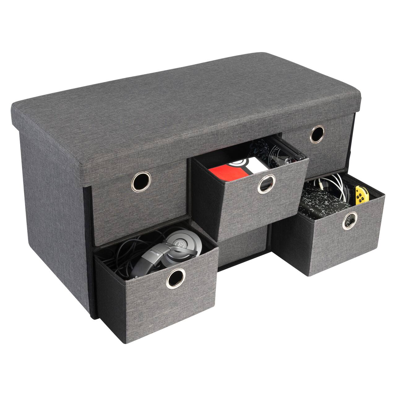 Simplify Gray 6 Drawer Collapsible Double Storage Ottoman